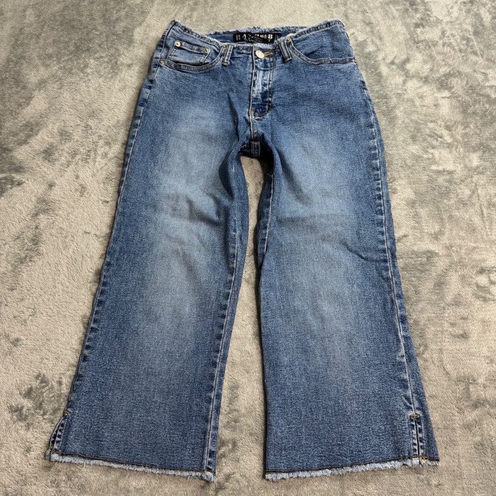 VTG Y2K Access Basic Blue Wide Leg Capri Jeans Medium Wash Frayed Hem Size 4